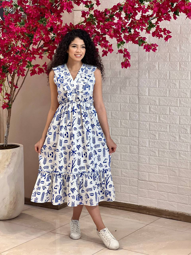 سارافون زنانه چین دار کتان طرح دار 266 تنخور رخ کار