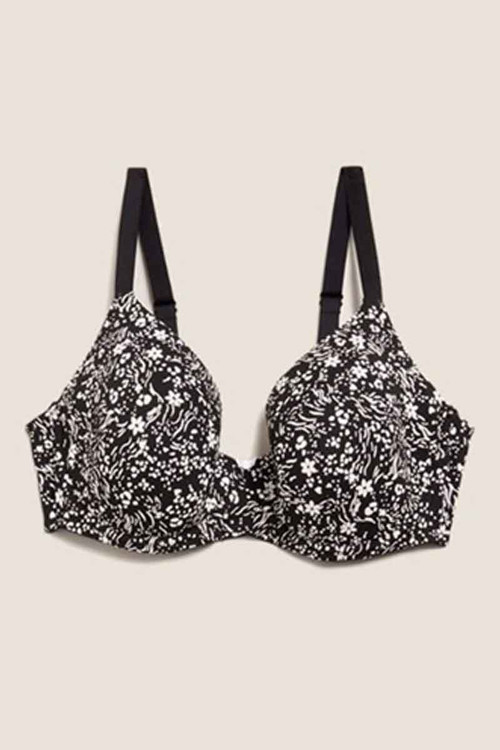 سوتین زنانه اسفنجی فنر دار برند M&S پک دوتایی سفید و مشکی طرح دار سایز بزرگ 322 مشکی طرح دار